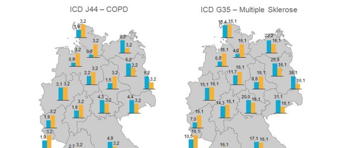 Plätze je 100 Behandlungsfälle nach Bundesland für ICD J44 und ICD G35