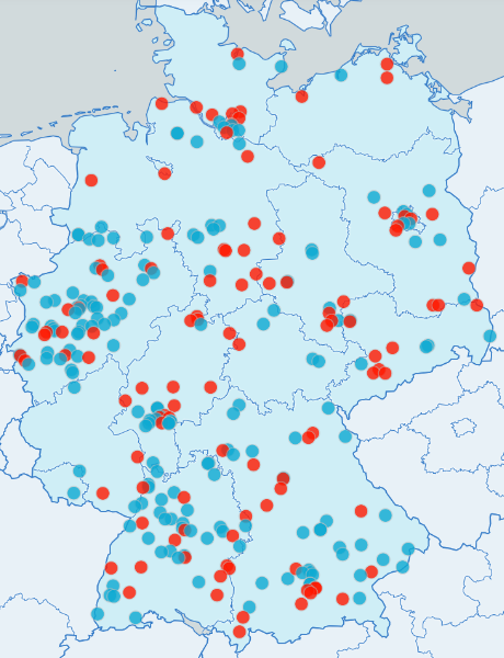Übersicht über die Neugegründeten (blau) und geschlossenen (rot) Pflegestandorte der Sektoren Pflegedienste, Pflegeheime und Tagespflege im ersten Quartal 2023.
