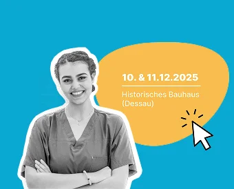 Smiling woman in scrubs next to event details: "10. & 11.12.2025, Historisches Bauhaus (Dessau)" with a click icon.